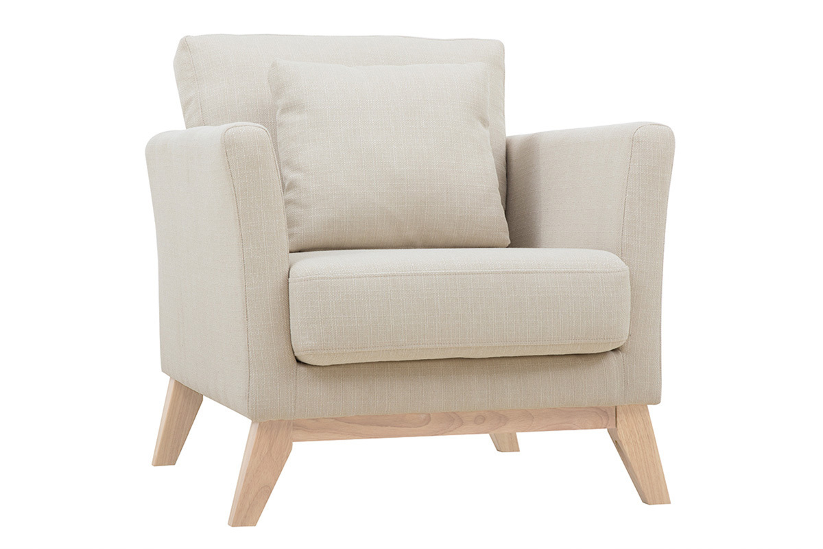 Fauteuil scandinave d�houssable beige avec coussin, vue de 3/4