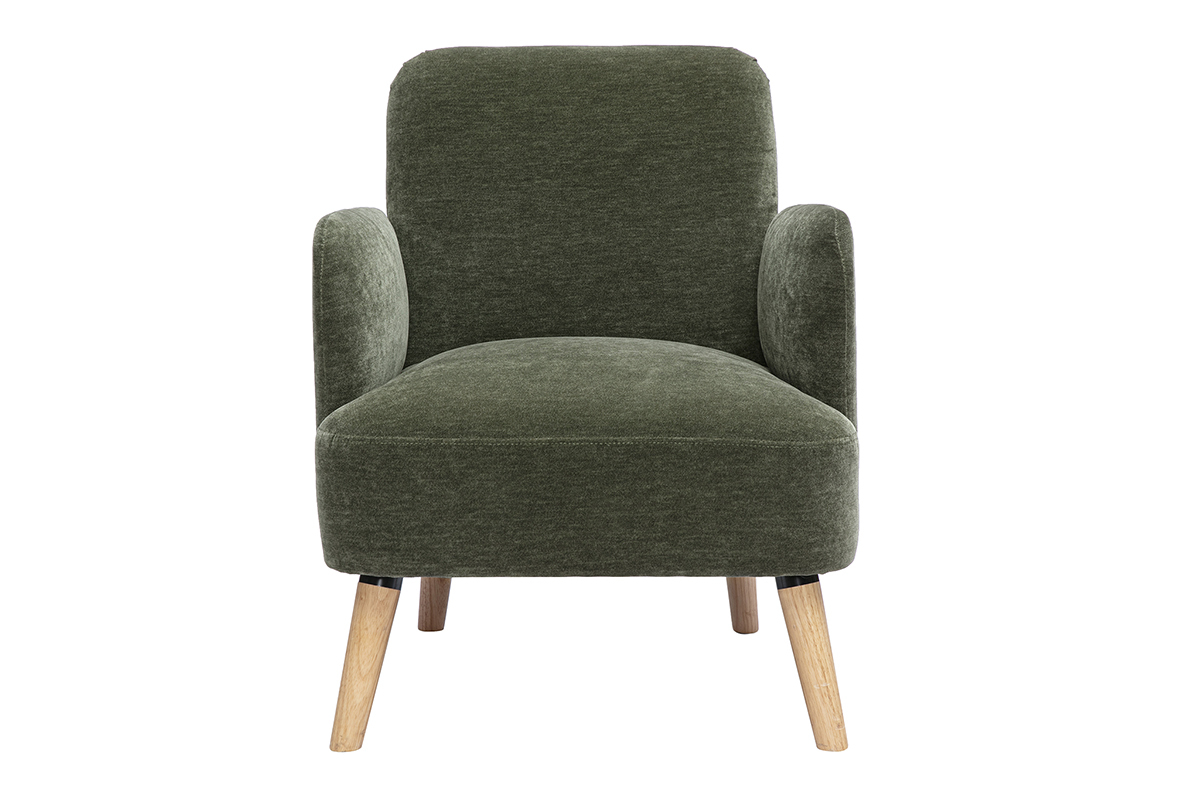Fauteuil scandinave vert kaki et bois, vue de face.