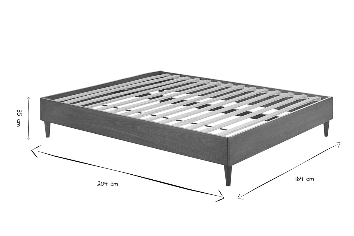 Dimensions du lit 2 places 160x200 cm en noir et blanc, hauteur 35 cm, longueur 204 cm, largeur 164 cm.