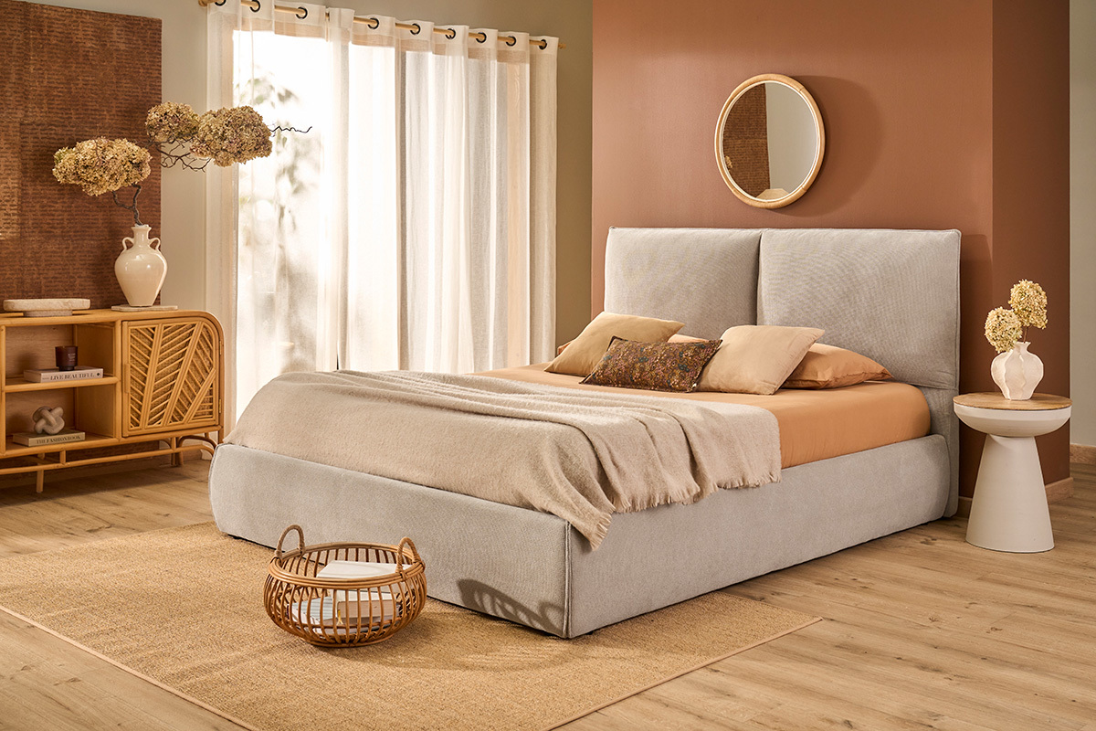 Lit coffre 2 places 160x200 cm en tissu chenille beige VIGO