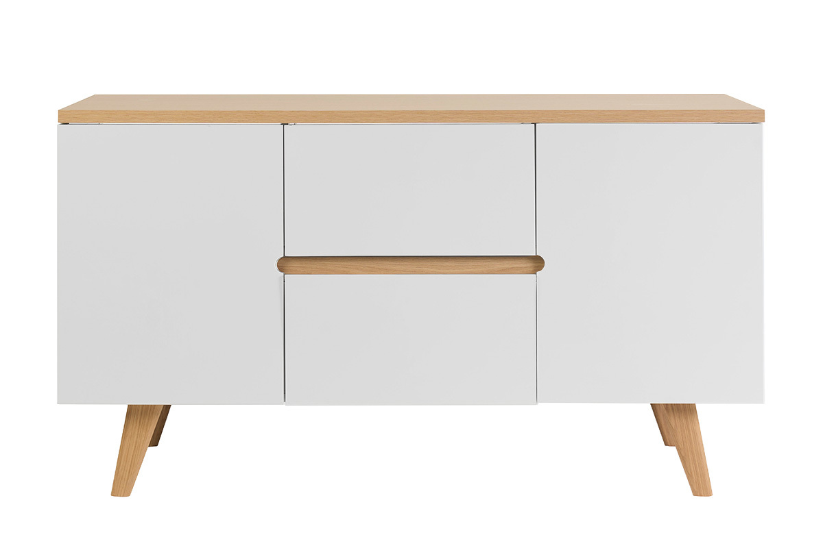 Meuble de salle de bain blanc laqu� brillant et finition bois clair L140 cm MELKA