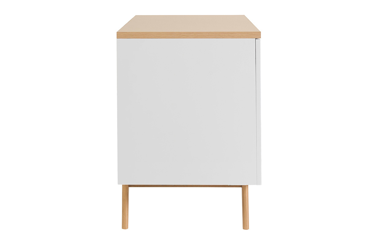 Meuble de salle de bain blanc laqu� brillant et finition bois clair L140 cm MELKA