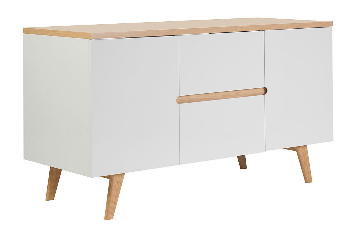 Meuble de salle de bain blanc laqu� brillant et finition bois clair L140 cm MELKA