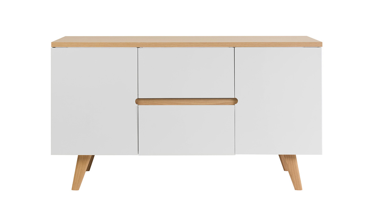 Meuble de salle de bain blanc laqu� brillant et finition bois clair L140 cm MELKA