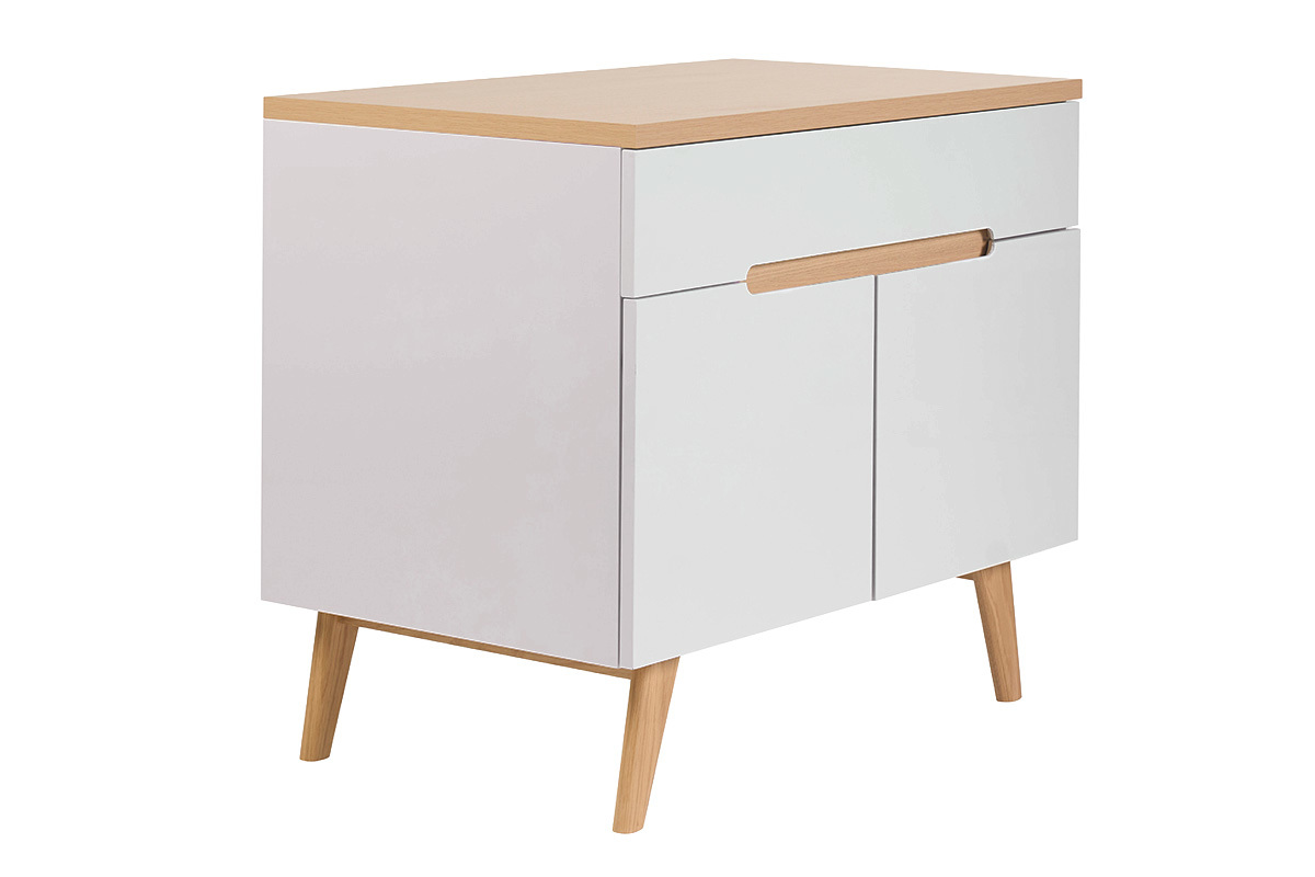 Meuble de salle de bain blanc laqu� brillant et finition bois clair L90 cm MELKA