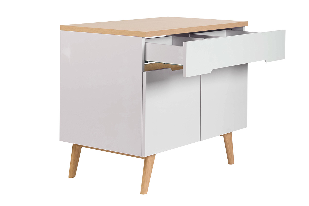 Meuble de salle de bain blanc laqu� brillant et finition bois clair L90 cm MELKA