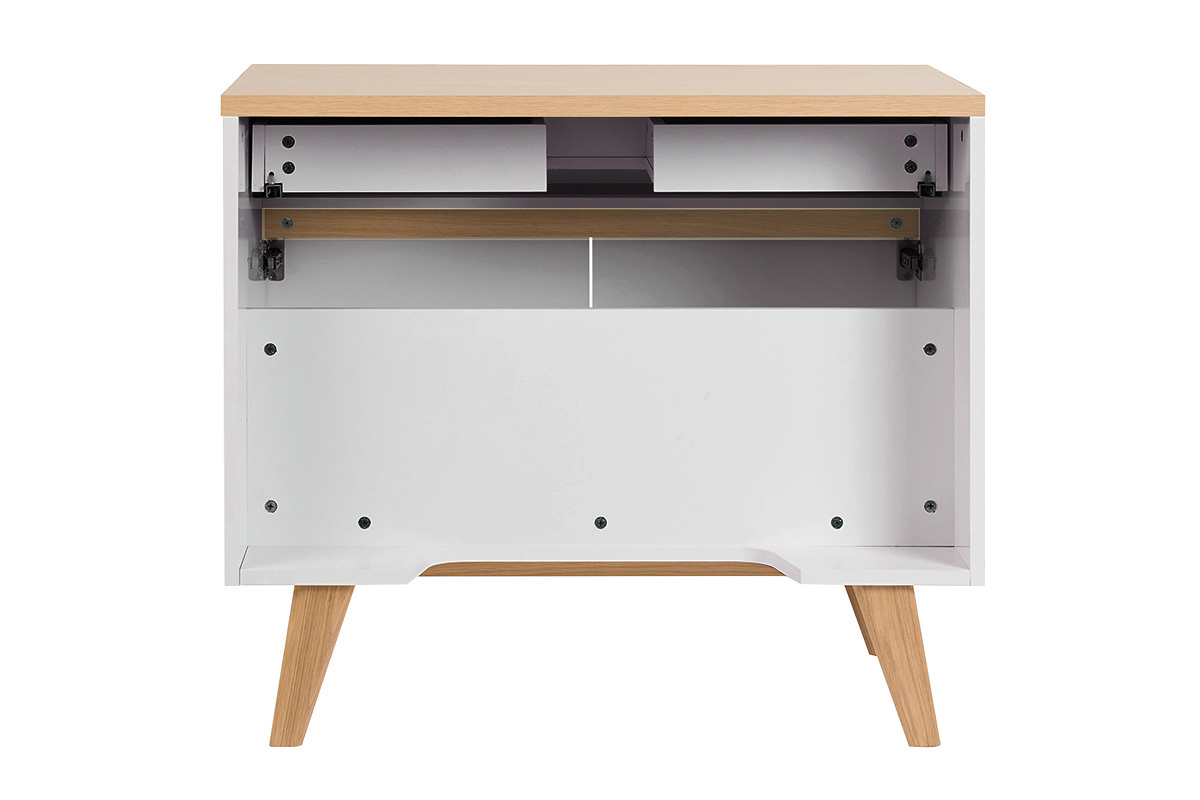Meuble de salle de bain blanc laqu� brillant et finition bois clair L90 cm MELKA