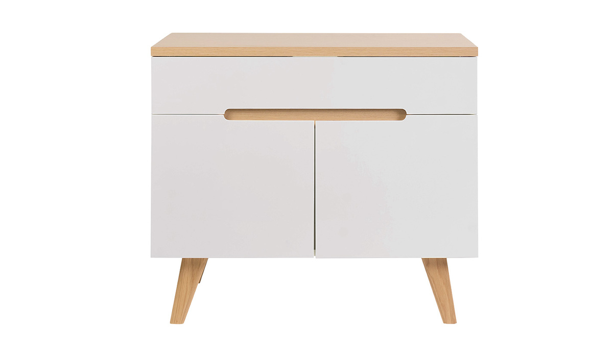 Meuble de salle de bain blanc laqu� brillant et finition bois clair L90 cm MELKA
