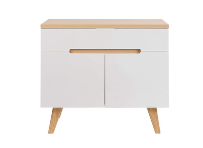Meuble de salle de bain blanc laqu&eacute; brillant et finition bois clair L90 cm MELKA