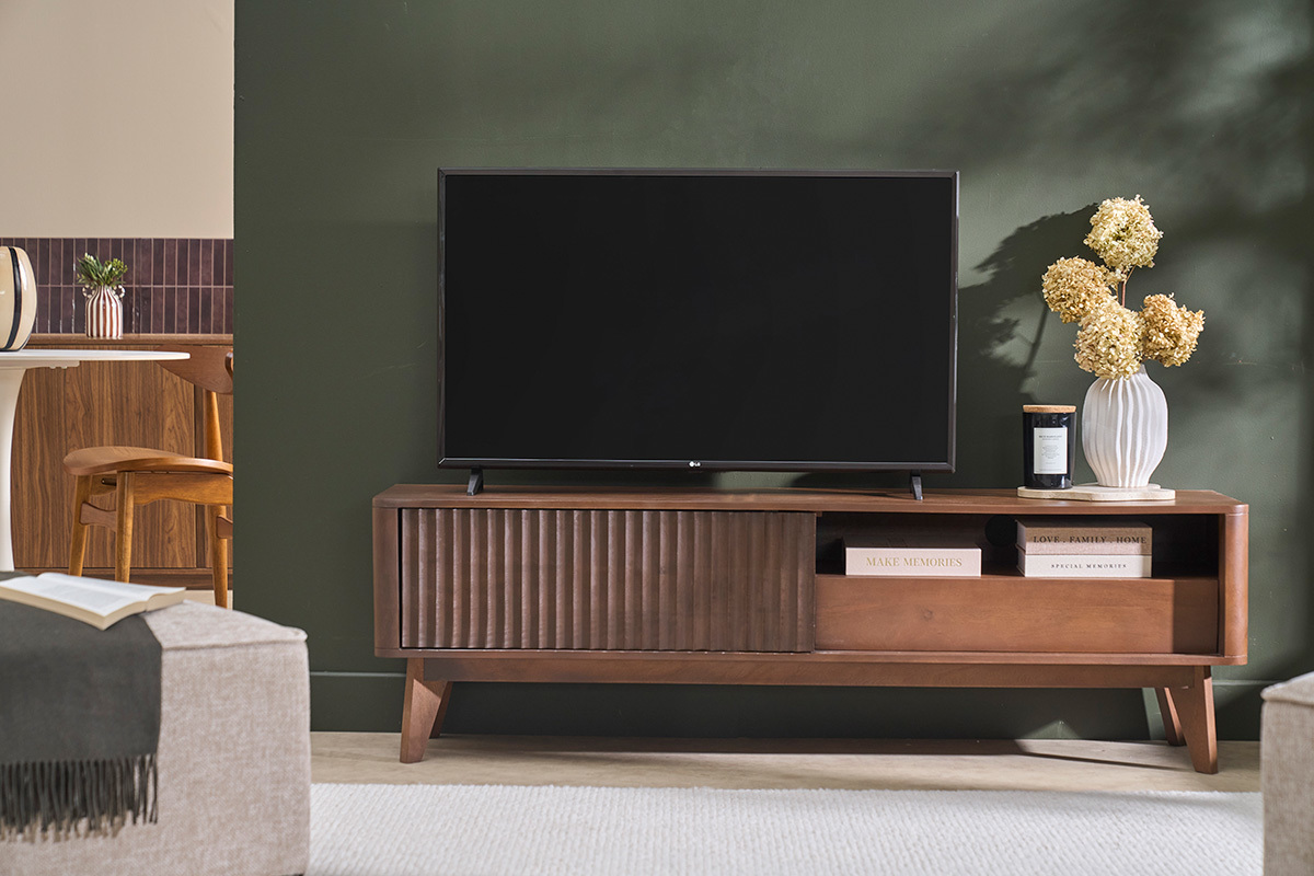 Meuble TV en bois fonc� manguier massif avec porte coulissante L160 cm ALDA