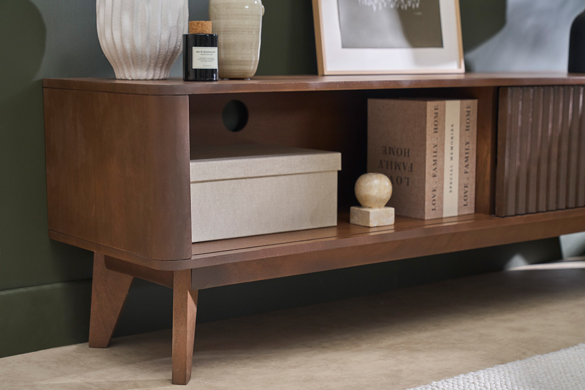 Meuble TV en bois fonc� manguier massif avec porte coulissante L160 cm ALDA