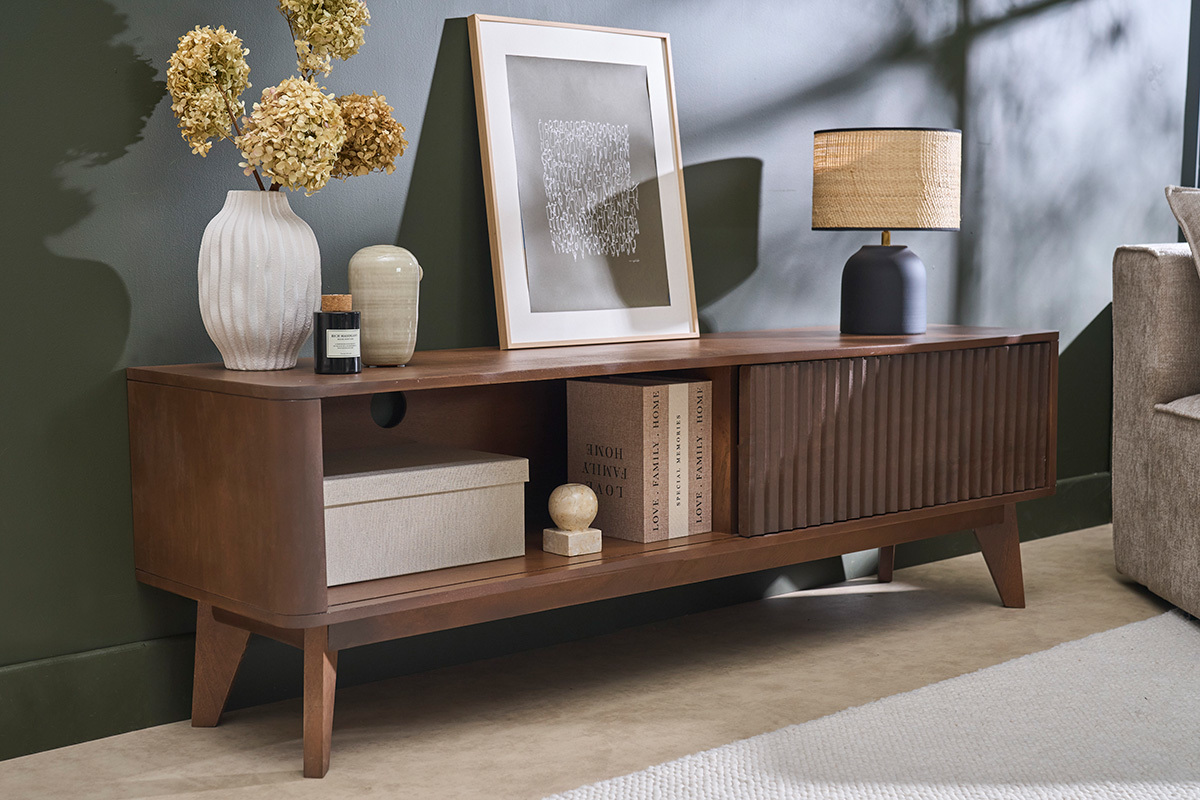 Meuble TV en bois fonc� manguier massif avec porte coulissante L160 cm ALDA