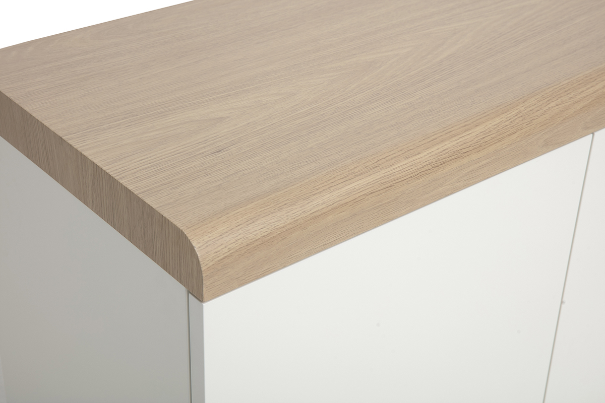 Plateau en bois clair avec bord arrondi du meuble TV scandinave blanc LEANA.
