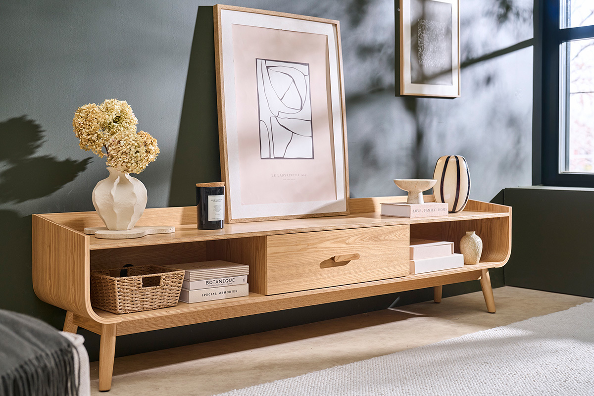 Meuble TV scandinave bois clair fr�ne L200 cm HALLEN
