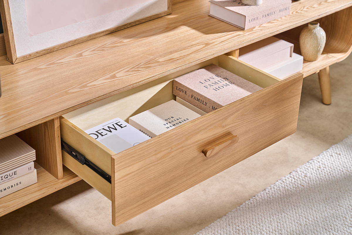 Meuble TV scandinave bois clair fr�ne L200 cm HALLEN