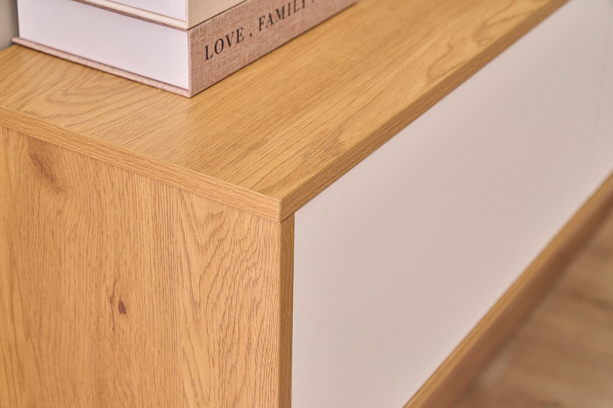 Meuble TV suspendu finition blanche et bois clair ch�ne L140 cm FLEXO