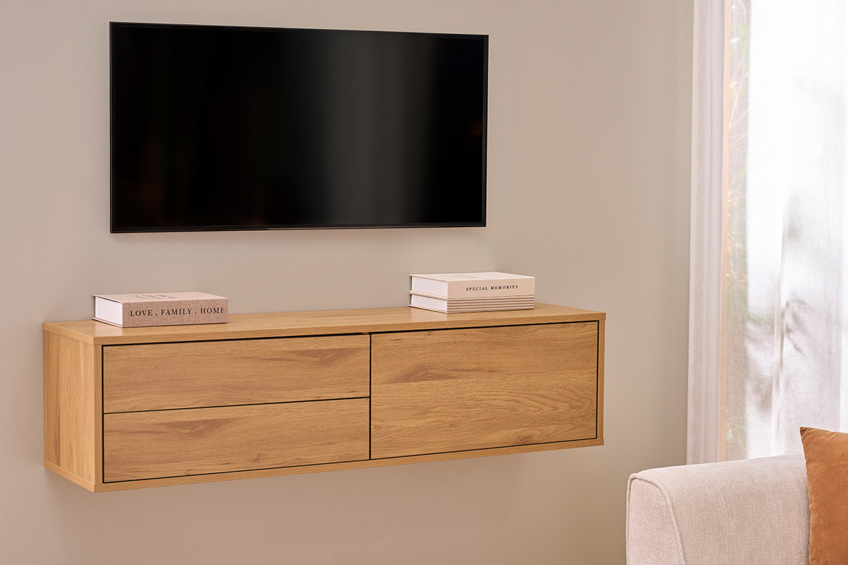 Meuble TV suspendu finition bois clair ch�ne L120 cm FLEXO