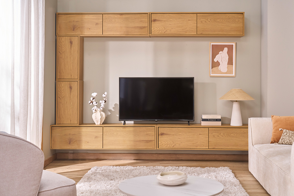 Meuble TV suspendu finition bois fonc� noyer L120 cm FLEXO