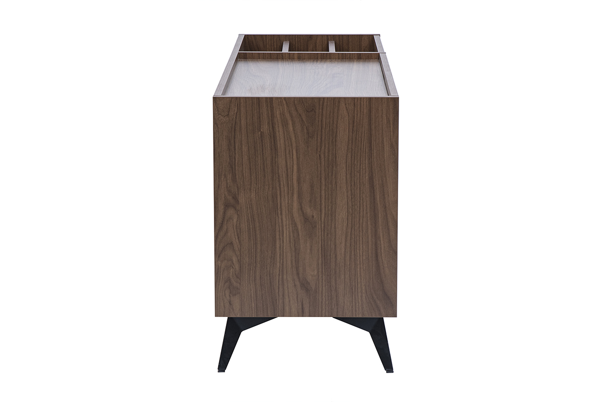 Buffet en bois fonc� finition noyer, vue de c�t�, pieds en m�tal noir.