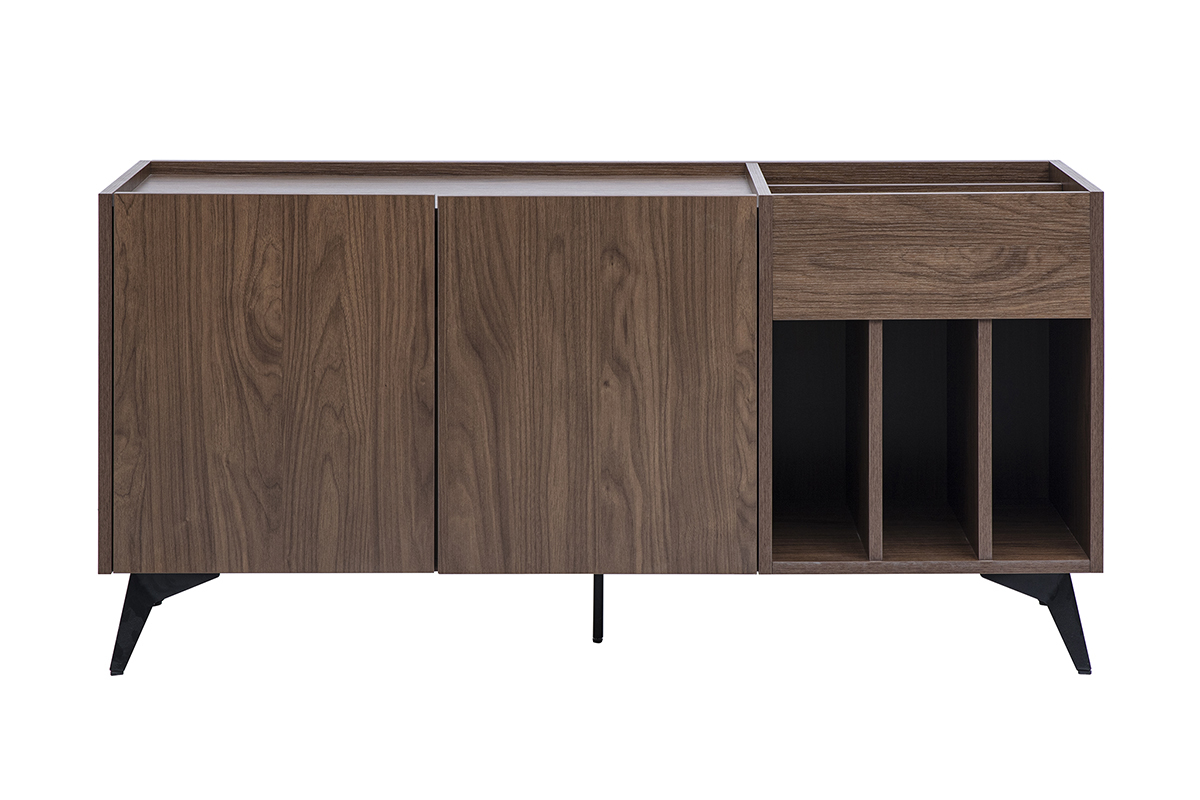 Buffet de rangement vinyles en bois finition noyer, pieds m�tal noir, vue de face.