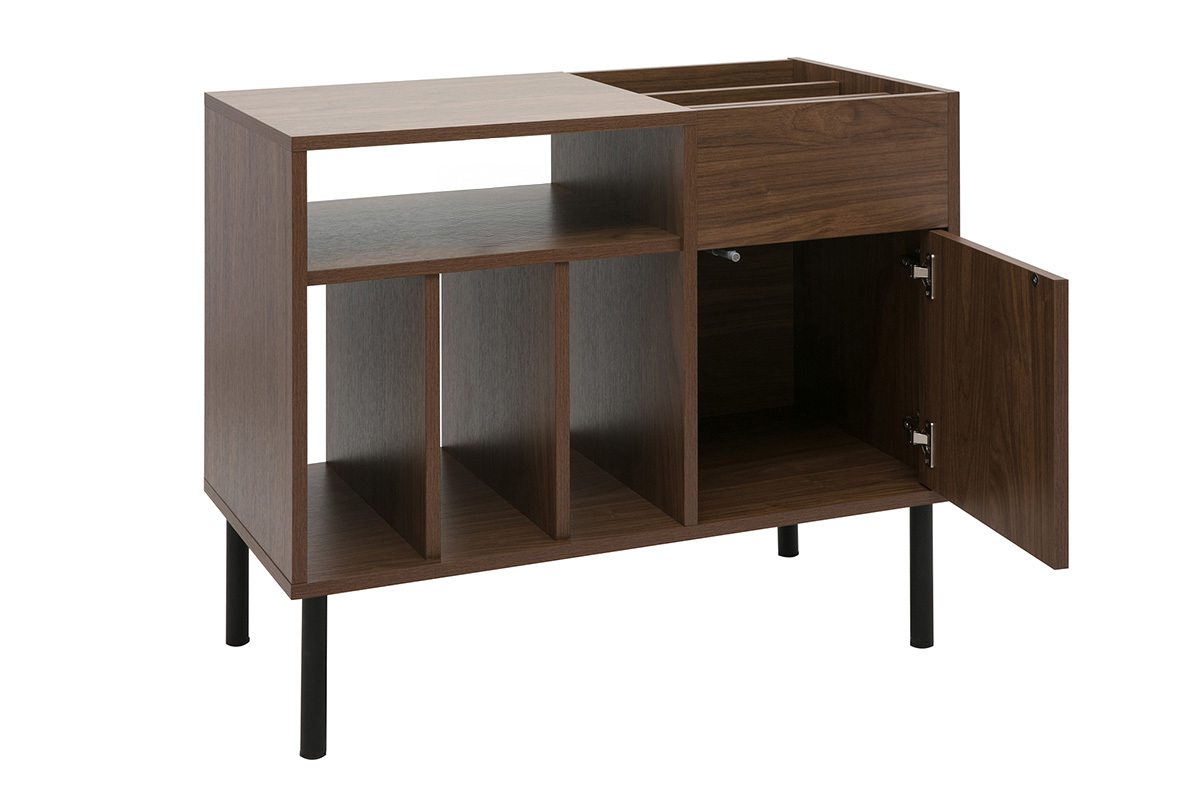 Buffet de rangement KANE en bois noyer et m�tal noir L90 cm avec compartiments vinyles et niche ouverte.
