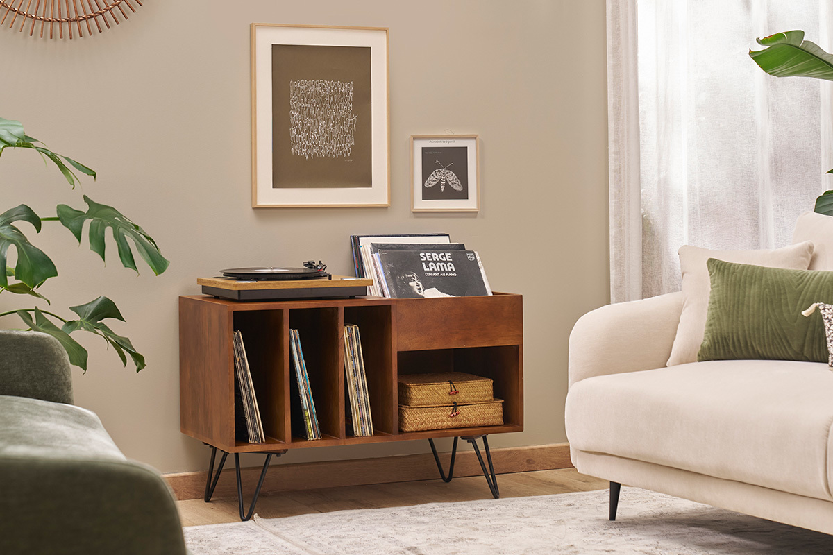 Meuble vinyle en bois manguier massif teint� et m�tal L90 cm BOOGIE