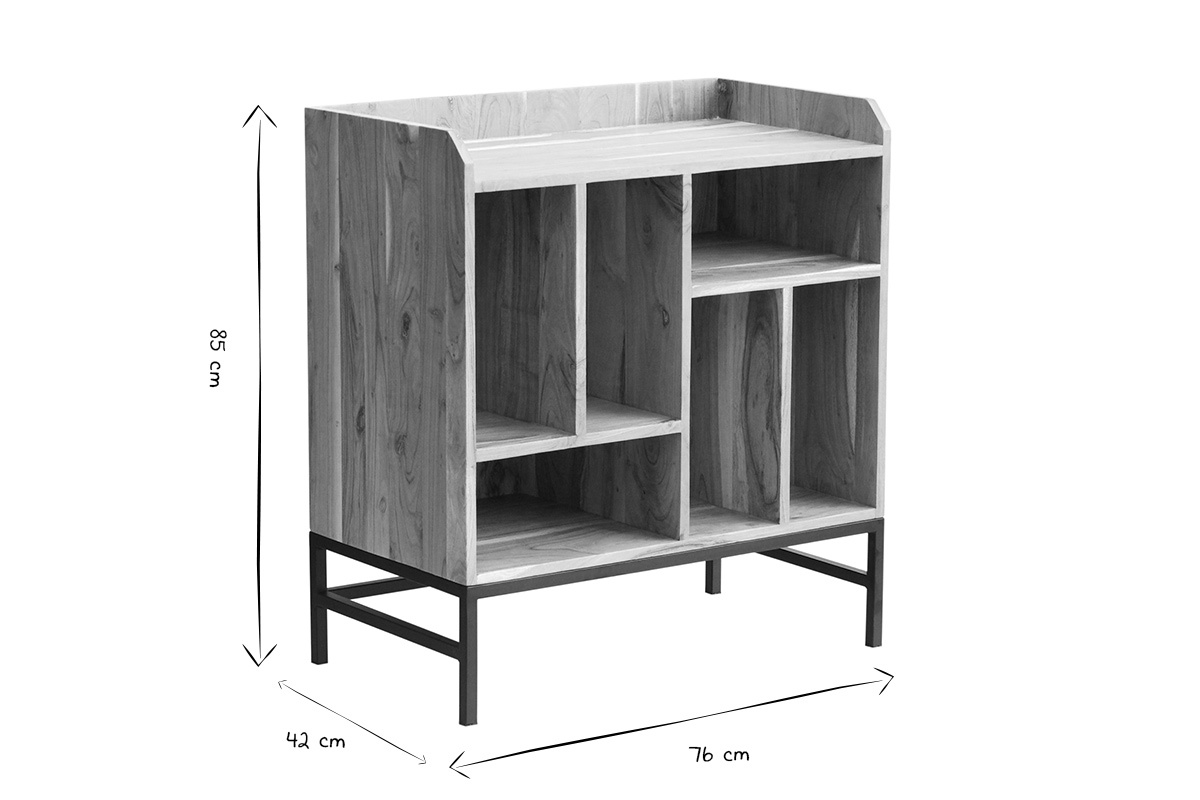 Meuble vinyle en bois massif et m�tal noir L76 cm BLUES
