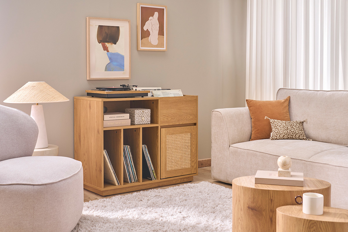 Meuble vinyle finition bois clair ch�ne et cannage rotin L95 cm ALICANTE