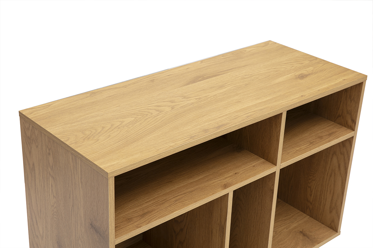 Buffet ouvert en bois clair ch�ne avec rangements, vue de dessus.