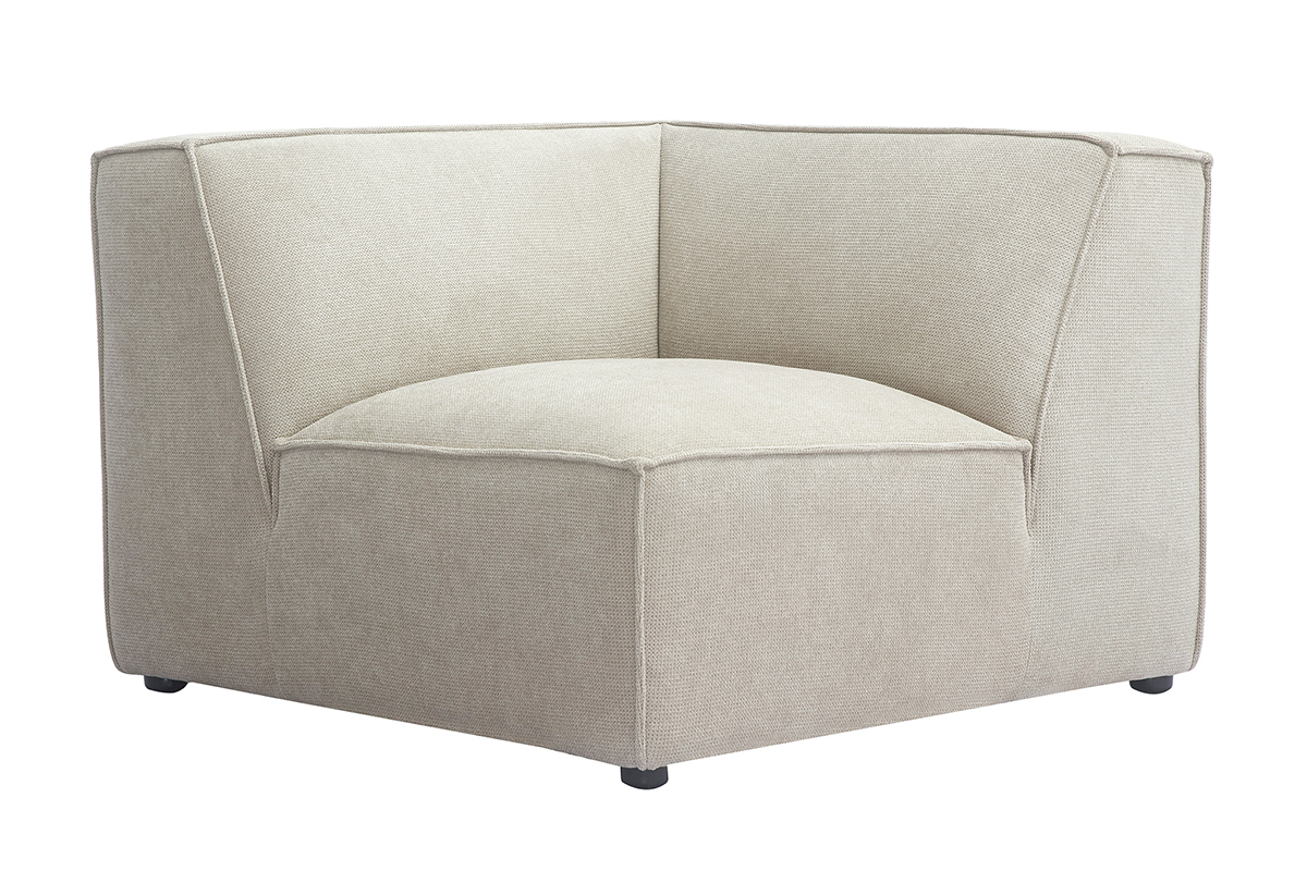 Module d'angle central beige en tissu chenille, vue d'angle.