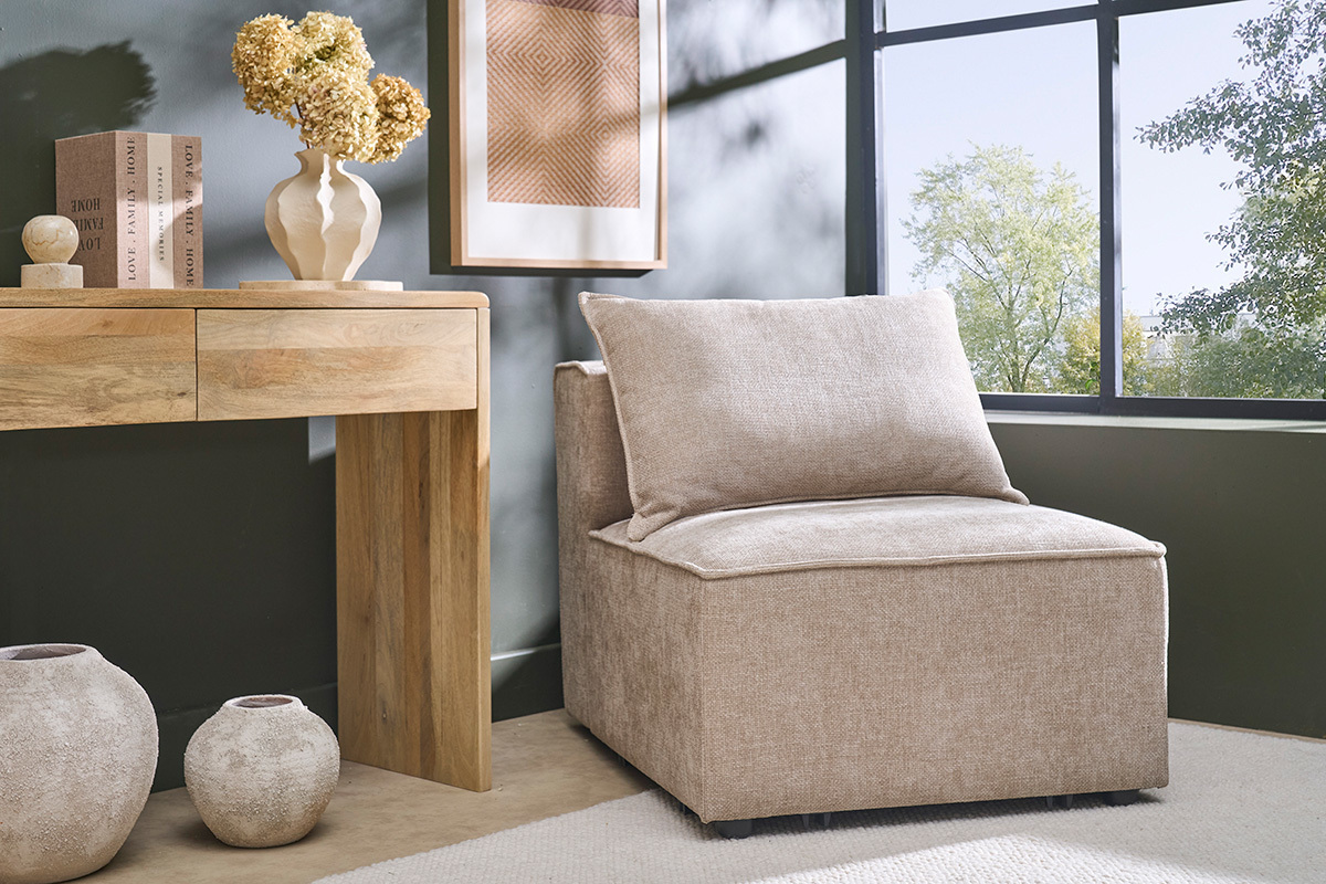 Module droit pour canap� en tissu effet velours textur� beige KERRY