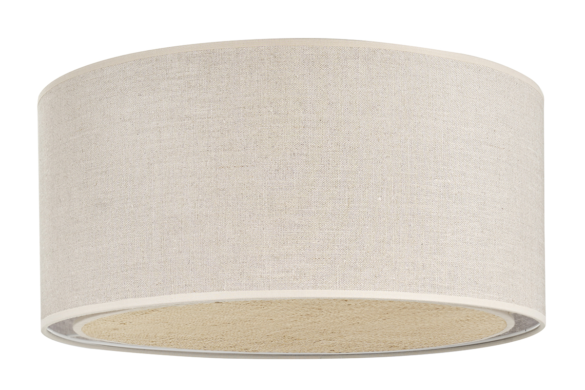 Plafonnier cylindrique en lin beige avec diffuseur en rabane, vue de face.