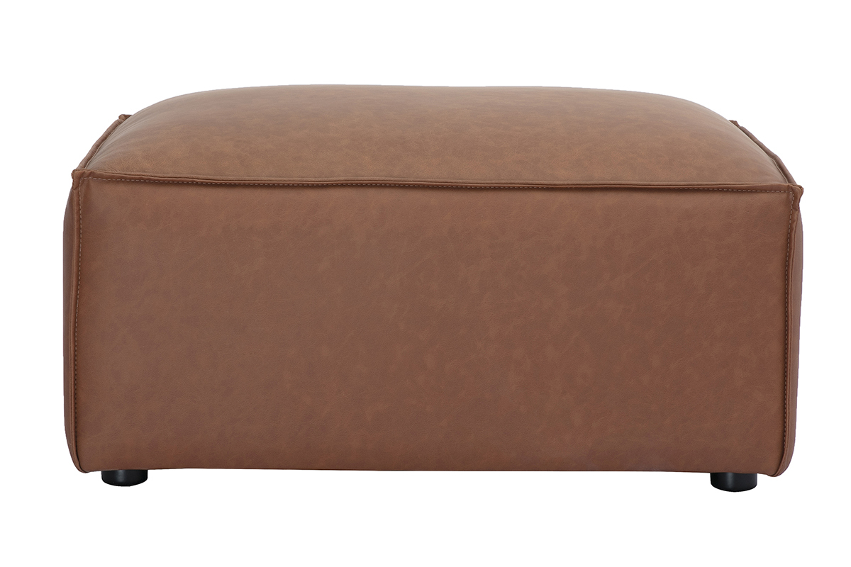 Pouf repose pieds en cuir marron SPLIT, design rectangulaire, couture visible, pieds discrets, L85 x P67 x H43 cm.
