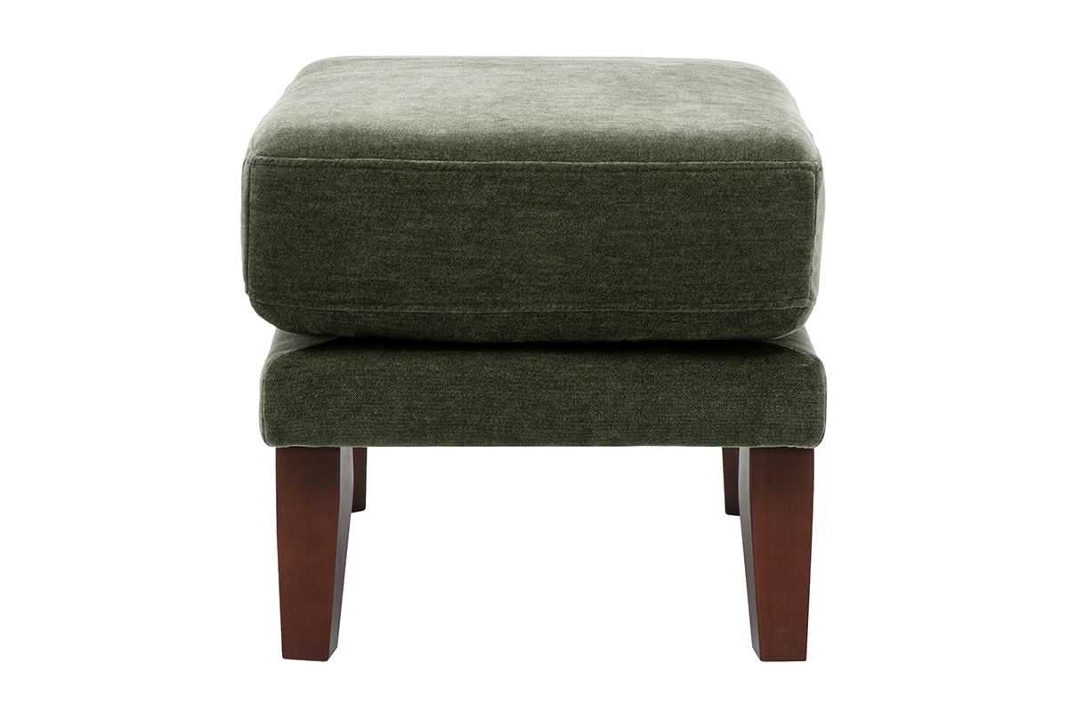 Pouf repose-pieds scandinave en tissu velours vert kaki, vue de profil, avec pi�tement en bois fonc�.