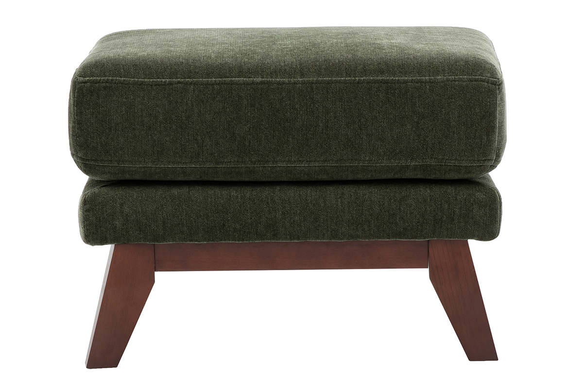 Pouf repose-pieds scandinave vert kaki avec pi�tement en bois fonc�, vue de face.