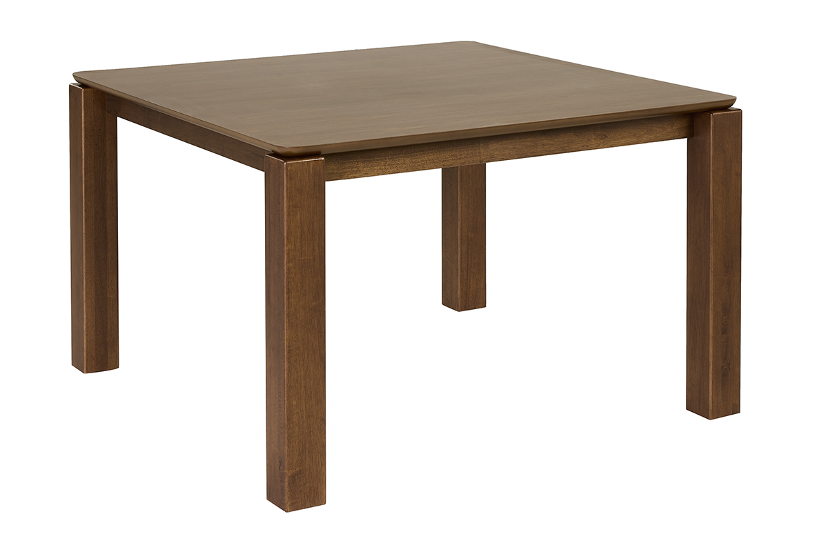 Table � manger carr�e en bois fonc�, vue de 3/4, dimensions L120 cm.