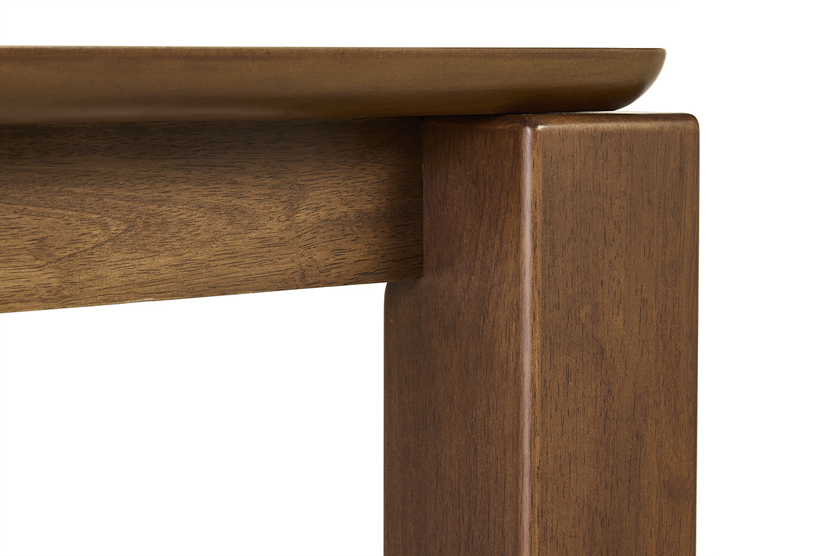 Table � manger carr�e bois fonc�, vue en d�tail sur le plateau et un pied.