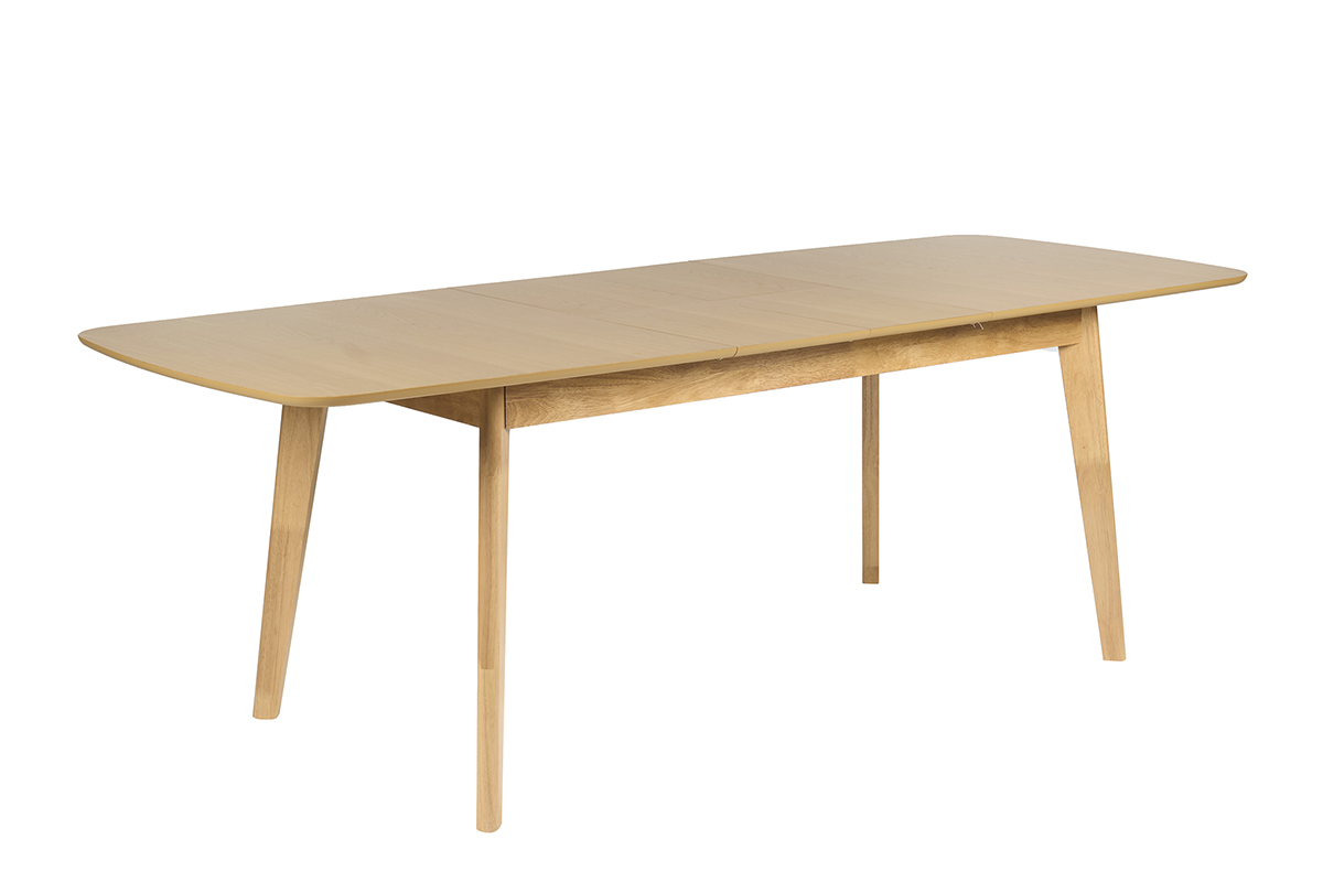Table � manger extensible d�pli�e scandinave en bois clair ch�ne, vue de 3/4.