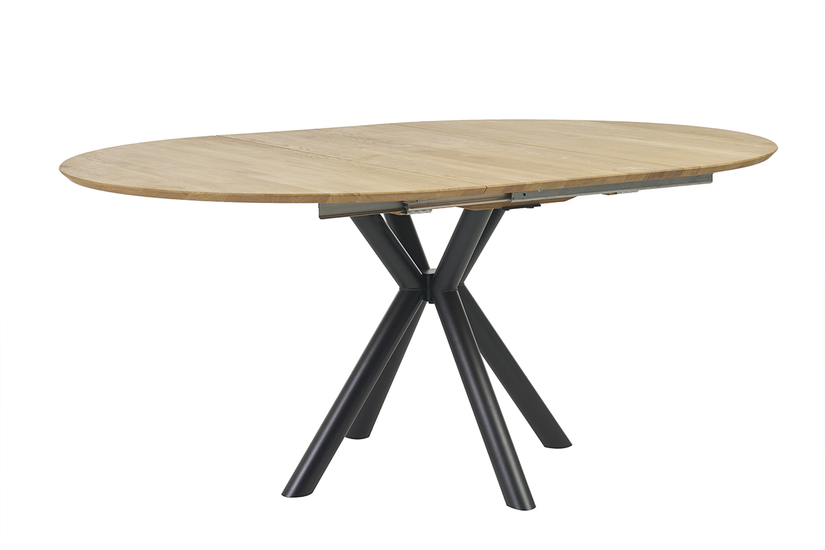 Table � manger ronde extensible en bois clair ch�ne massif et m�tal L120-170 cm OLGA