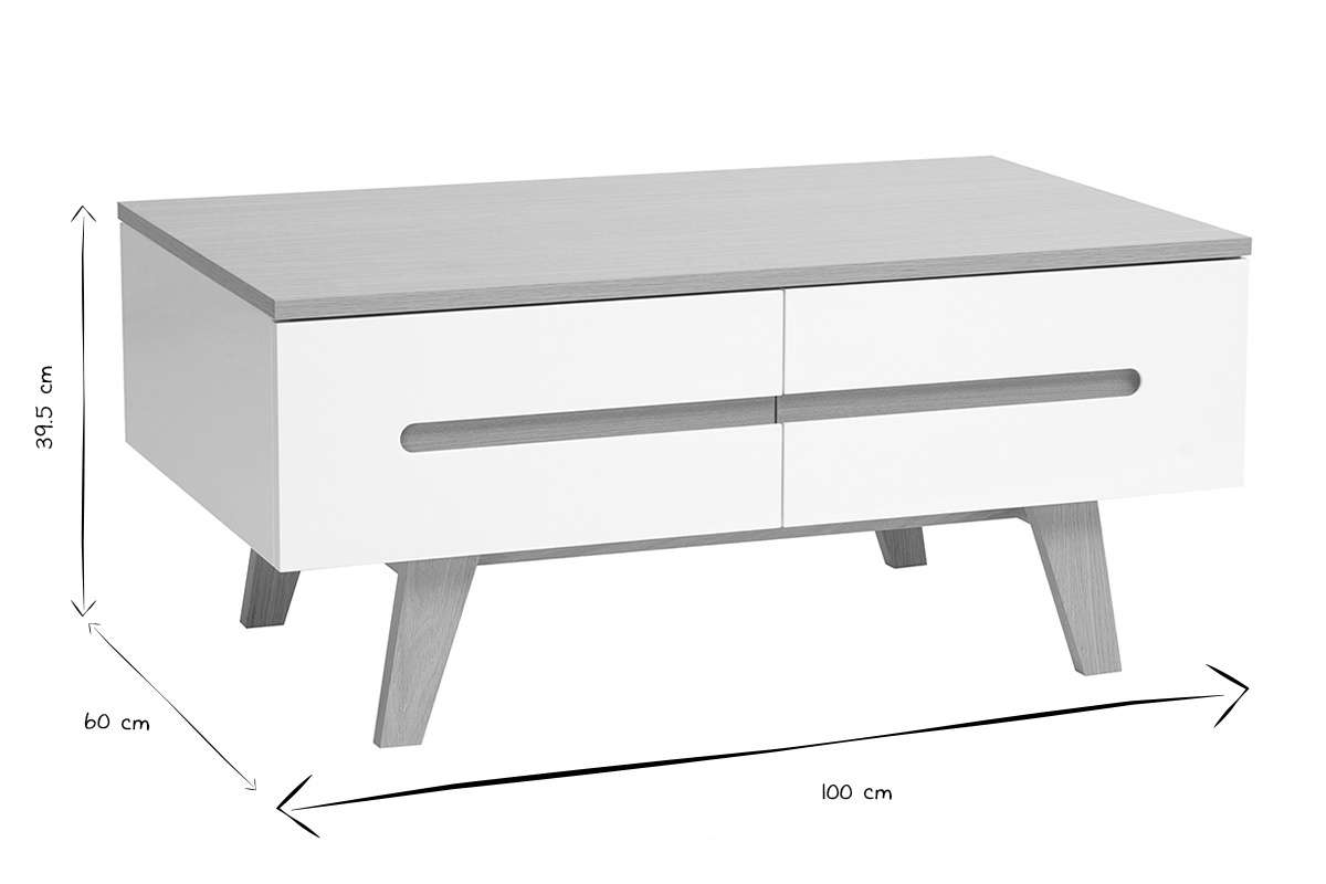 Table basse MELKA vue de face avec dimensions en noir et blanc : L100 x P60 x H39,5 cm.