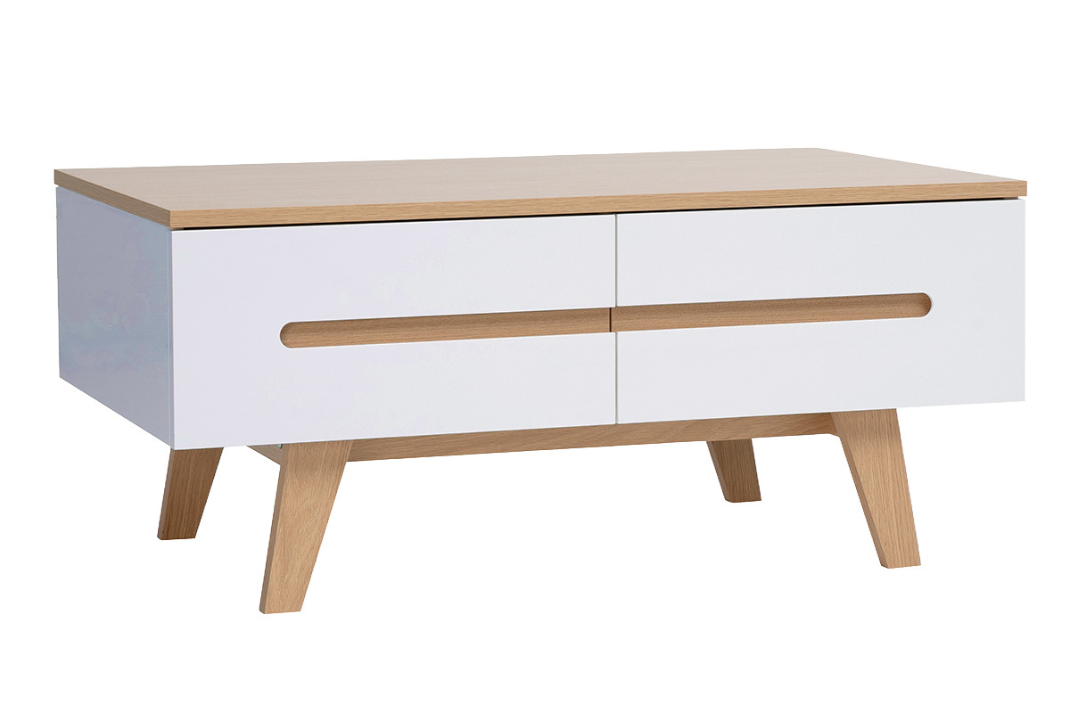 Table basse blanche laqu�e brillante et finition bois clair 4 tiroirs L100 cm MELKA