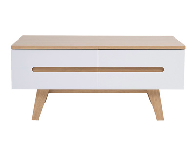 Table basse blanche laqu&eacute;e brillante et finition bois clair 4 tiroirs L100 cm MELKA