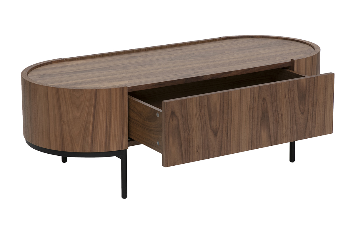 Table basse ovale en bois noyer fonc� avec tiroir, m�tal noir, vue 3/4.