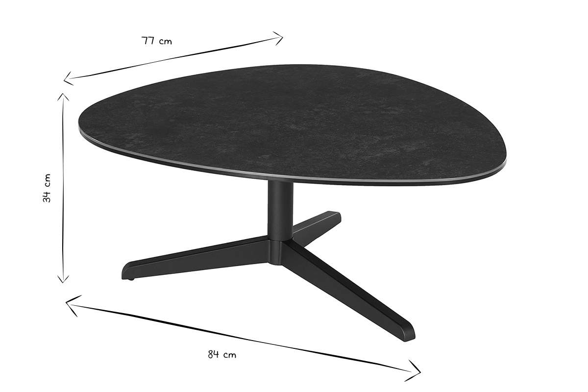 Table basse noir et blanc avec dimensions L84 cm, P77 cm, H34 cm.