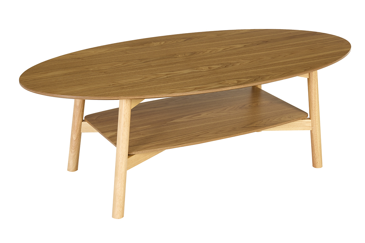Table basse ovale en bois clair avec double plateau et pieds fusel�s, vue de 3/4.