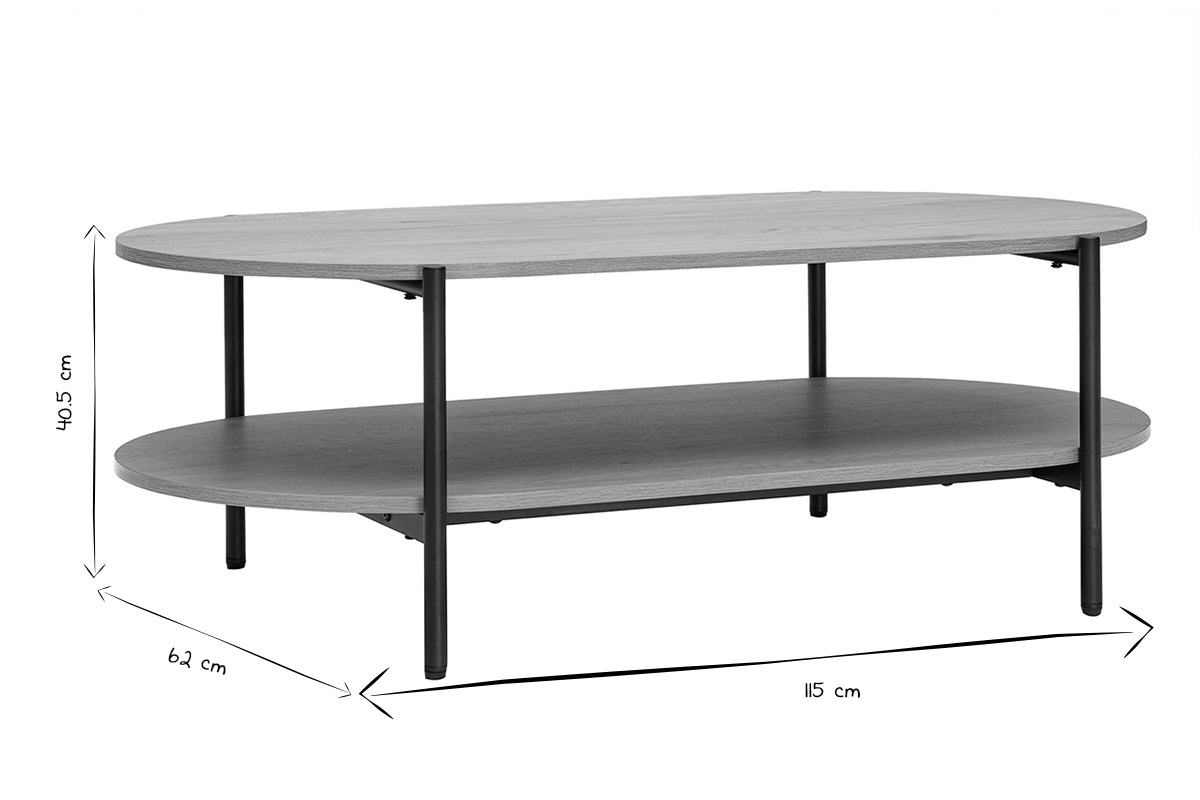 Table basse ovale en noir et blanc, dimensions 115x62x40,5 cm.