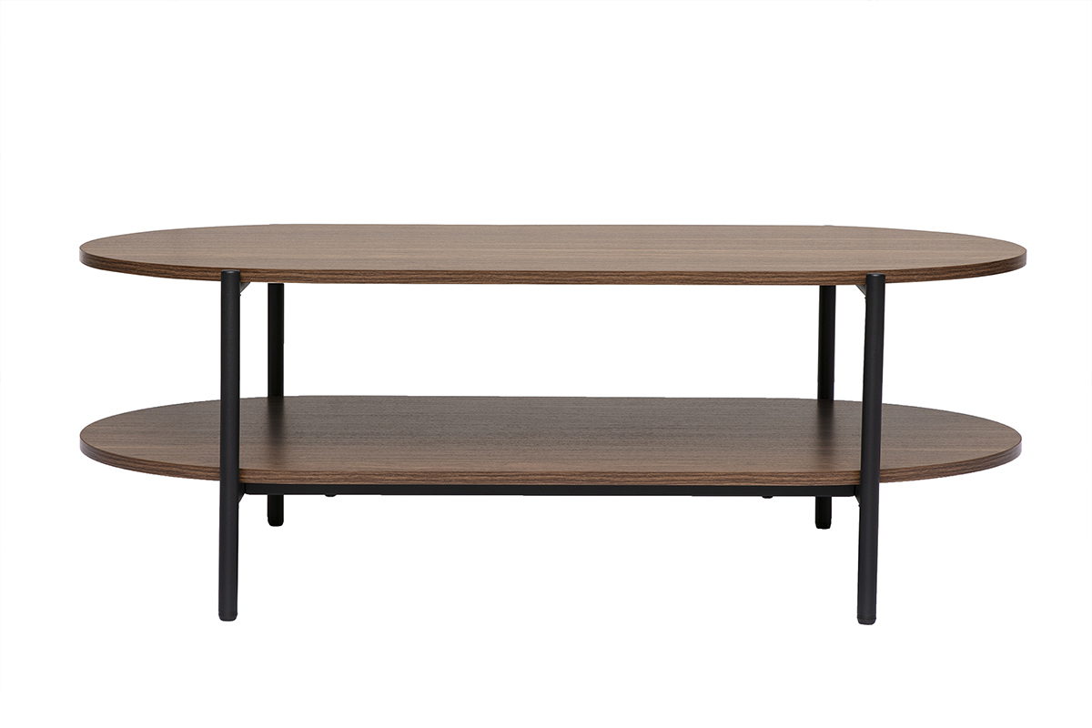 Table basse ovale en bois fonc� noyer avec structure en m�tal noir, vue de face.