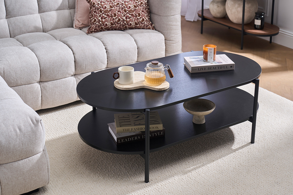 Table basse ovale finition bois noir et m�tal L115 cm BRUNA