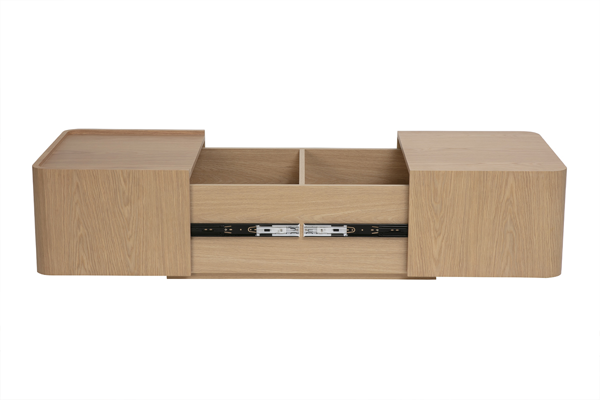 Table basse rectangulaire en bois clair ch�ne, vue de face avec rangement ouvert