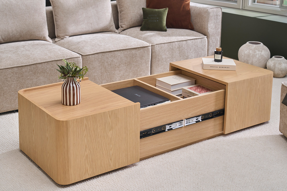 Table basse rectangulaire en bois clair ch�ne avec rangement L100 cm BELLY